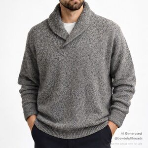 Viberg L Heathered Gray Wool Shawl Neck Sweater Oversized